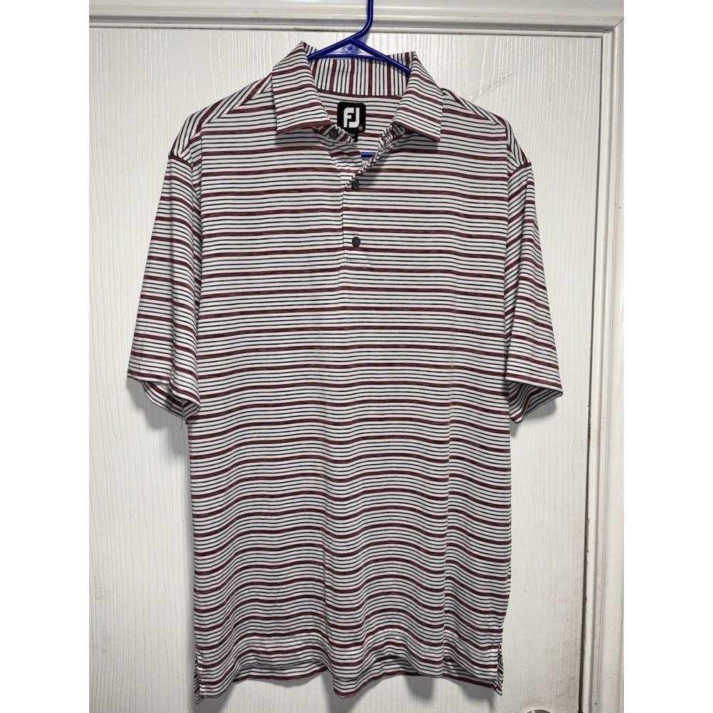 Footjoy Striped Gray White Red Golf Stretch Polo Men's Medium Performance